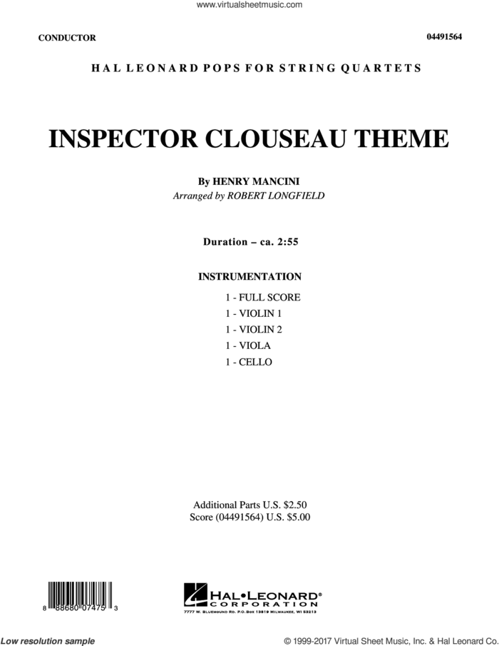 Inspector Clouseau Theme (from The Pink Panther Strikes Again) (COMPLETE) sheet music for string quartet (violin, viola, cello) by Henry Mancini and Robert Longfield, intermediate skill level
