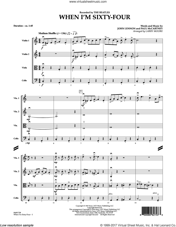 When I'm Sixty-Four (COMPLETE) sheet music for string quartet (violin, viola, cello) by The Beatles, John Lennon, Larry Moore and Paul McCartney, intermediate skill level