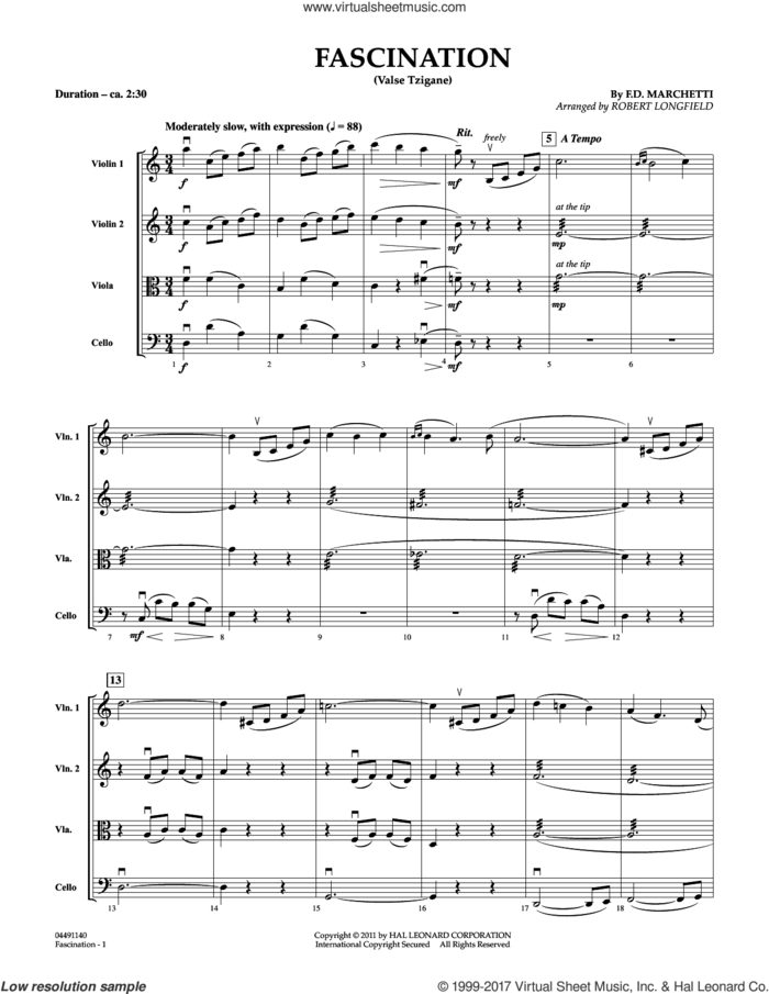 Fascination (Valse Tzigane) (COMPLETE) sheet music for string quartet (Strings) by Robert Longfield and Fermo Dante Marchetti, intermediate orchestra