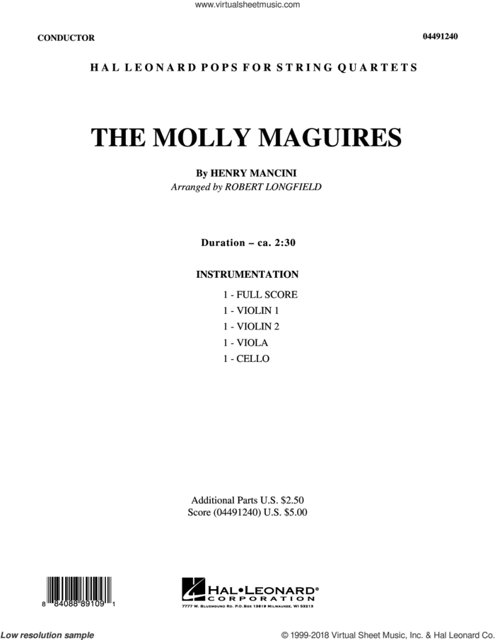 The Molly Maguires (COMPLETE) sheet music for string quartet (violin, viola, cello) by Henry Mancini and Robert Longfield, intermediate skill level