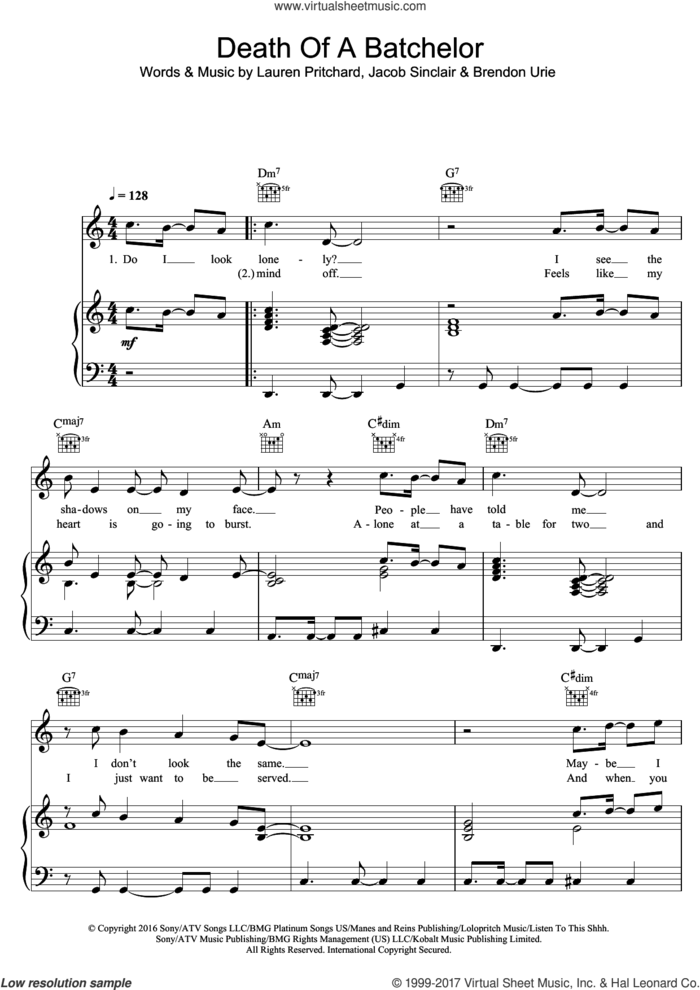 Death of a Bachelor sheet music for voice, piano or guitar by Panic! At The Disco, Brendon Urie, Jacob Sinclair and Lauren Pritchard, intermediate skill level