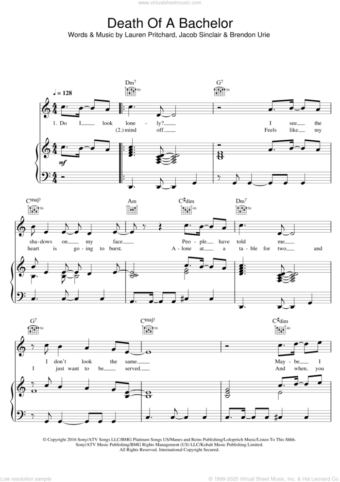 Death of a Bachelor sheet music for voice, piano or guitar by Panic! At The Disco, Brendon Urie, Jacob Sinclair and Lauren Pritchard, intermediate skill level