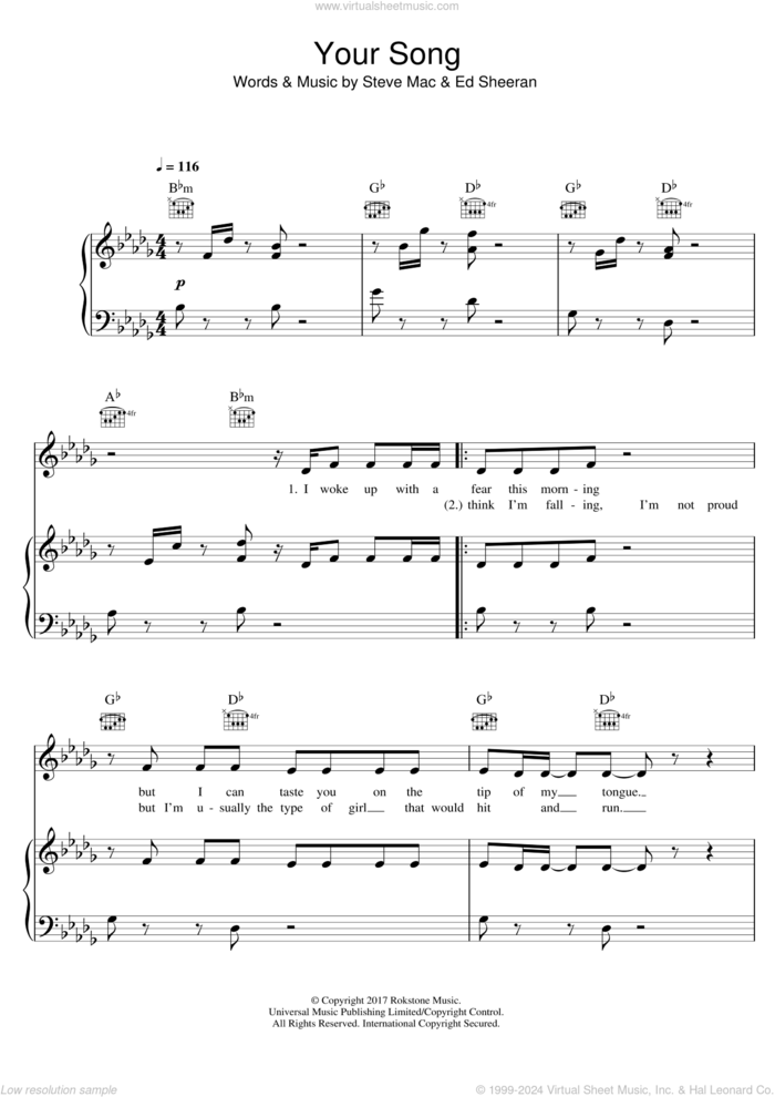 Your Song sheet music for voice, piano or guitar by Rita Ora, Ed Sheeran and Steve Mac, intermediate skill level