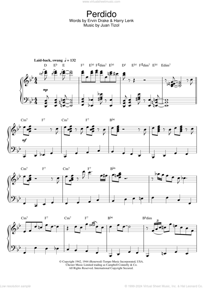 Perdido sheet music for piano solo by Duke Ellington and Juan Tizol, intermediate skill level