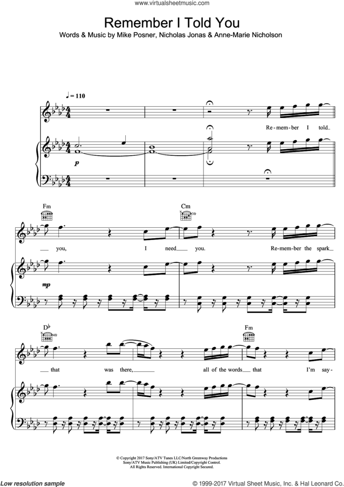 Remember I Told You (featuring Anne-Marie) sheet music for voice, piano or guitar by Nick Jonas, Anne-Marie, Anne-Marie Nicholson, Mike Posner and Nicholas Jonas, intermediate skill level