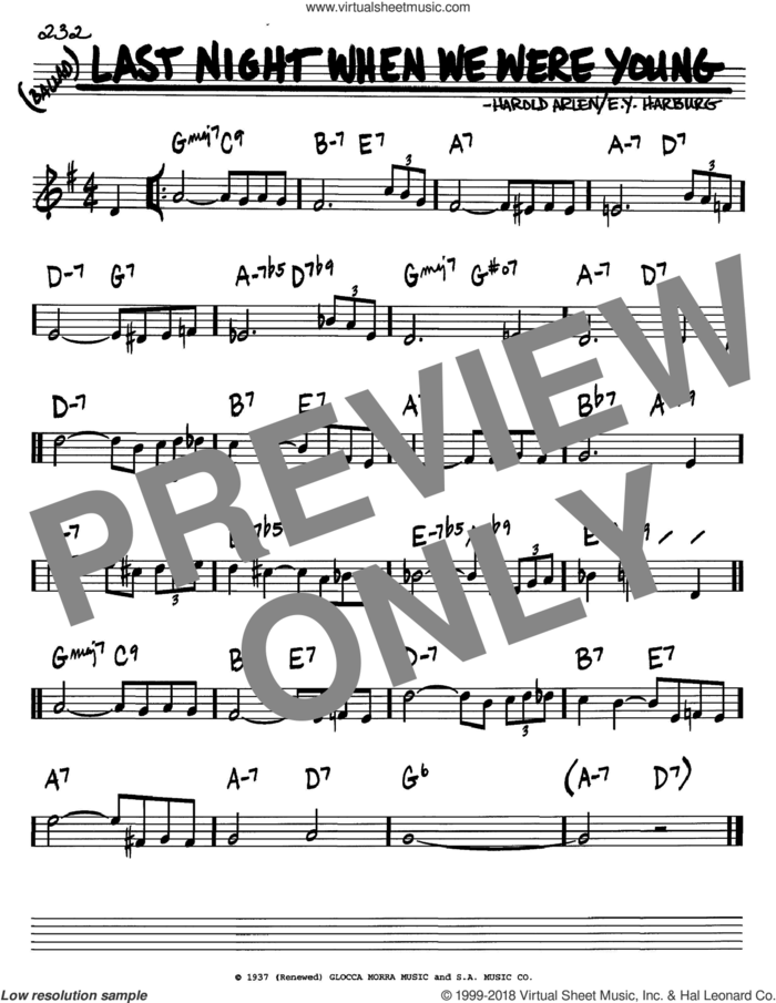 Last Night When We Were Young sheet music for voice and other instruments (in C) by E.Y. Harburg and Harold Arlen, intermediate skill level