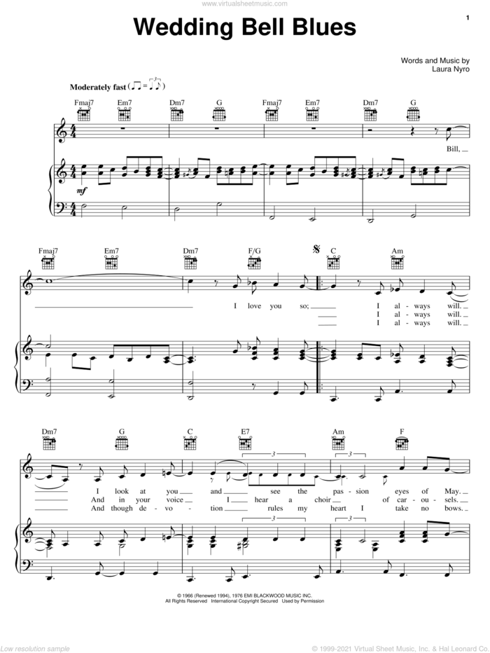 Wedding Bell Blues sheet music for voice, piano or guitar by Laura Nyro and The Fifth Dimension, intermediate skill level