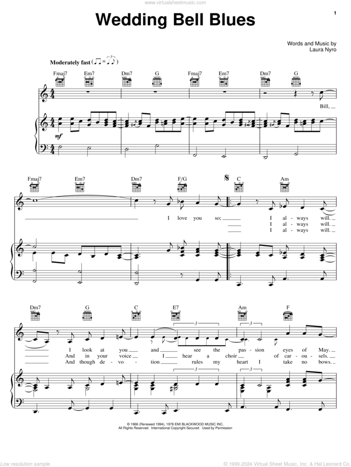 Wedding Bell Blues sheet music for voice, piano or guitar by Laura Nyro and The Fifth Dimension, intermediate skill level