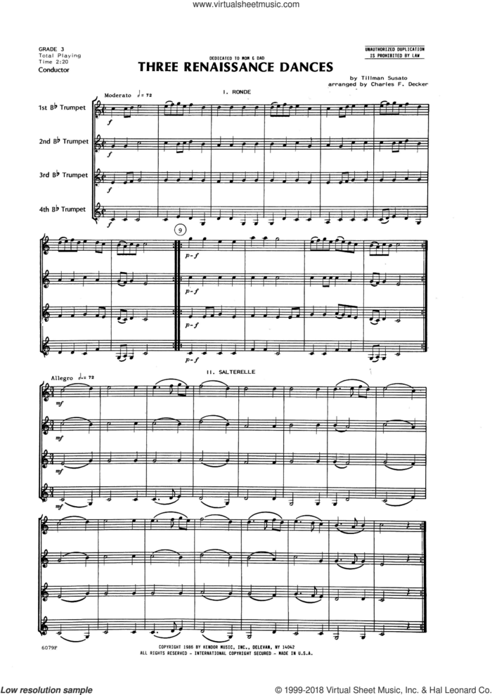 Three Renaissance Dances (From Het Derde Musyk Boexcken (The Third Little Music Book), 1551) (COMPLETE) sheet music for trumpet quartet by Charles Decker and Tillman Susato, intermediate skill level