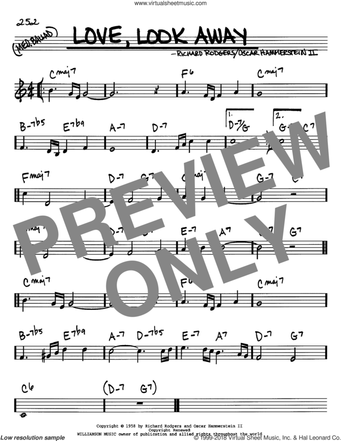 Love, Look Away sheet music for voice and other instruments (in C) by Rodgers & Hammerstein, Oscar II Hammerstein and Richard Rodgers, intermediate skill level
