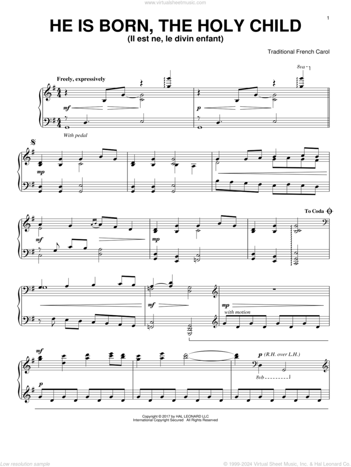 He Is Born, The Holy Child (Il Est Ne, Le Divin Enfant), (intermediate) sheet music for piano solo, intermediate skill level