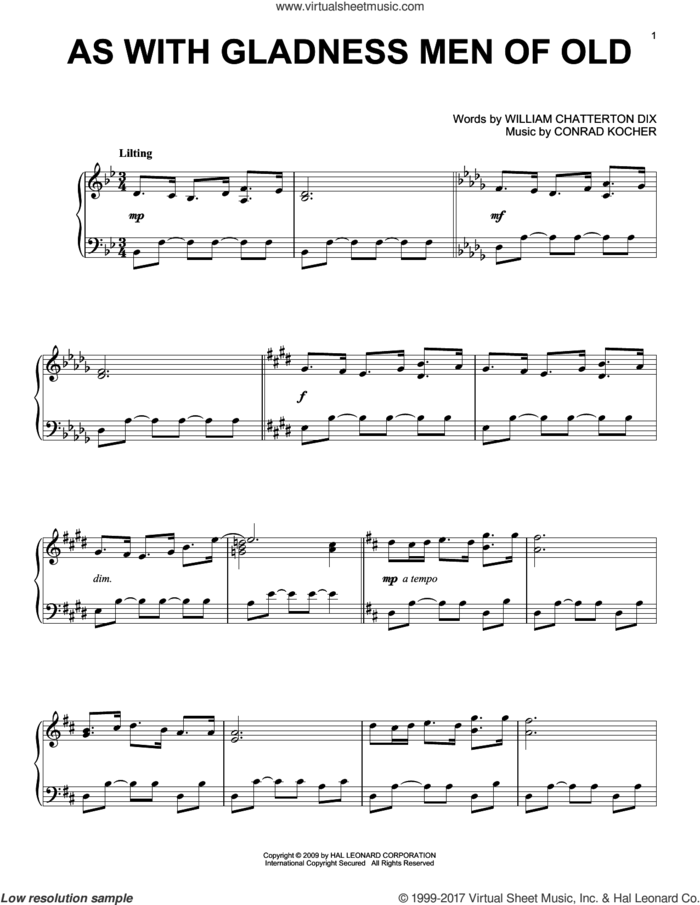 As With Gladness Men Of Old, (intermediate) sheet music for piano solo by William Chatterton Dix and Conrad Kocher, intermediate skill level