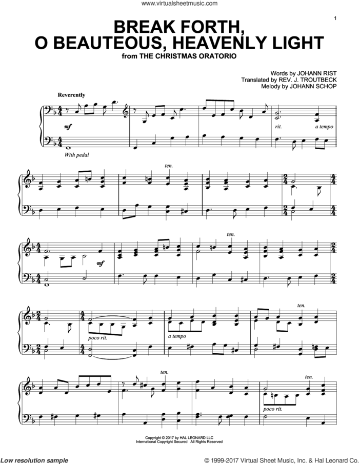 Break Forth, O Beauteous, Heavenly Light, (intermediate) sheet music for piano solo by Johann Sebastian Bach, Johann Rist, Johann Schop and John Troutbeck (trans.), classical score, intermediate skill level