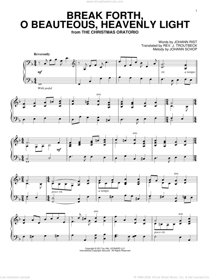 Break Forth, O Beauteous, Heavenly Light, (intermediate) sheet music for piano solo by Johann Sebastian Bach, Johann Rist, Johann Schop and John Troutbeck (trans.), classical score, intermediate skill level