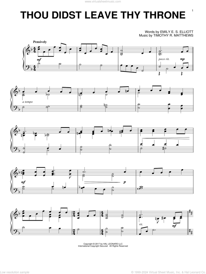 Thou Didst Leave Thy Throne sheet music for piano solo by Timothy R. Matthews and Emily E. S. Elliott, intermediate skill level