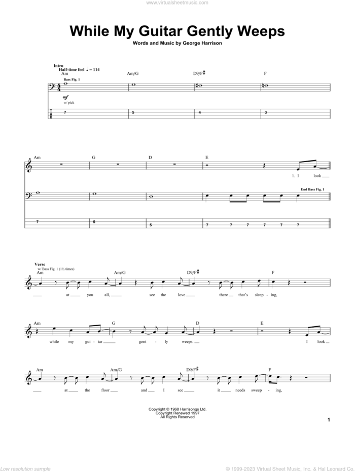 While My Guitar Gently Weeps sheet music for bass (tablature) (bass guitar) by The Beatles and George Harrison, intermediate skill level