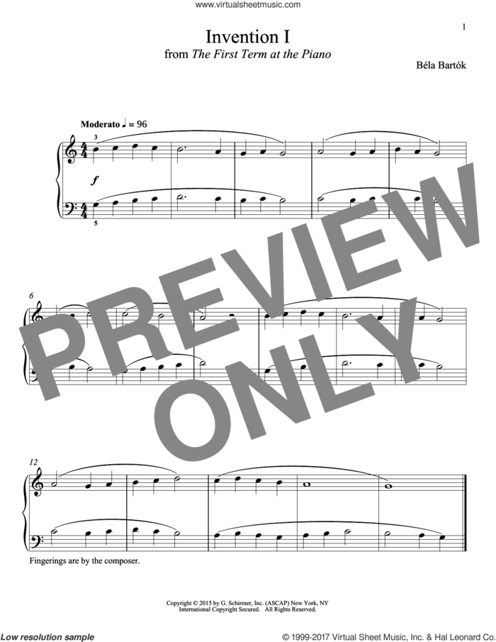 Invention I sheet music for piano solo by Bela Bartok, Richard Walters and Bela Bartok, classical score, intermediate skill level