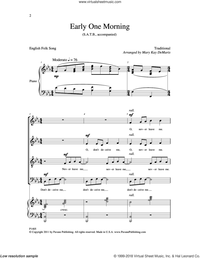 Early One Morning sheet music for choir (SATB: soprano, alto, tenor, bass) by Mary Kay DeMaris, intermediate skill level