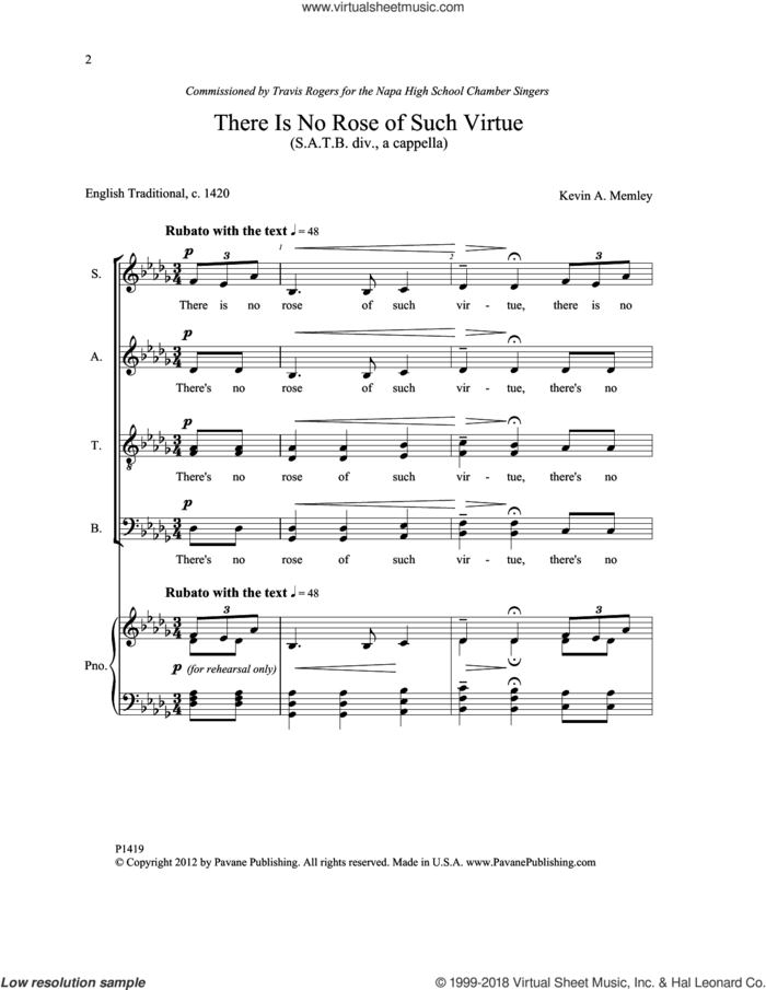 There Is No Rose of Such Virtue sheet music for choir (SATB divisi) by Kevin A. Memley, intermediate skill level