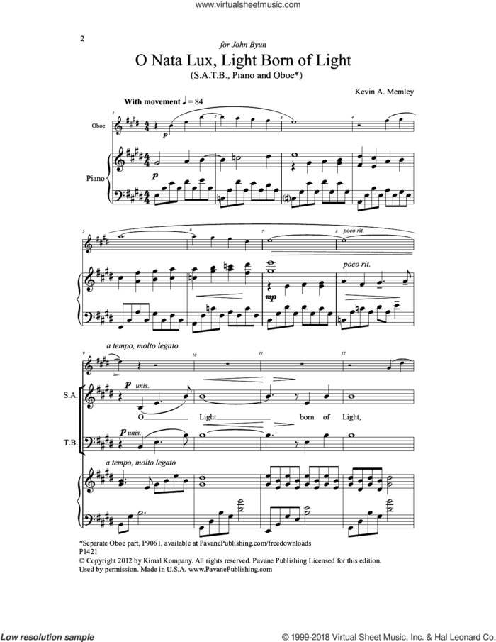 O Nata Lux, Born of Light sheet music for choir (SATB: soprano, alto, tenor, bass) by Kevin A. Memley, intermediate skill level