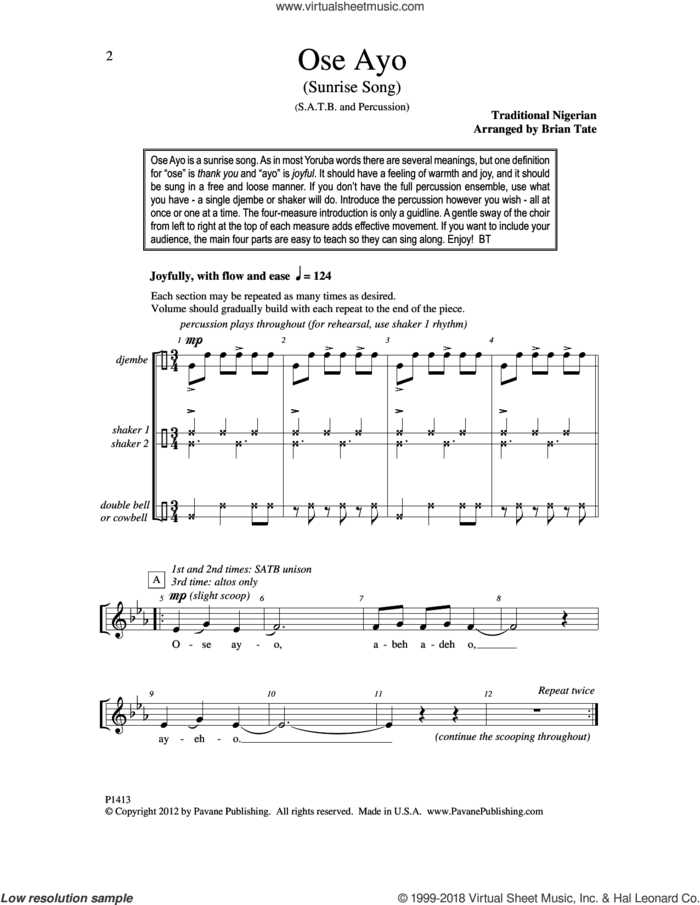 Ose Ayo (Sunrise Song) sheet music for choir (SATB: soprano, alto, tenor, bass) by Brian Tate, intermediate skill level