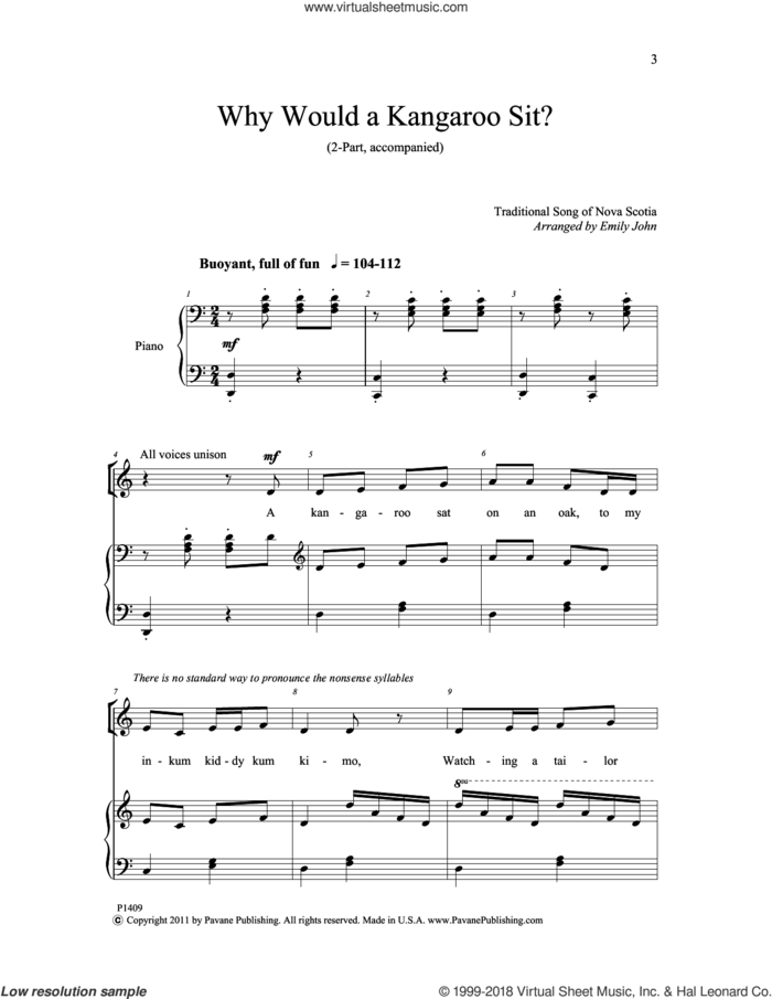 Why Would a Kangaroo Sit? sheet music for choir (2-Part) by Emily John, intermediate duet