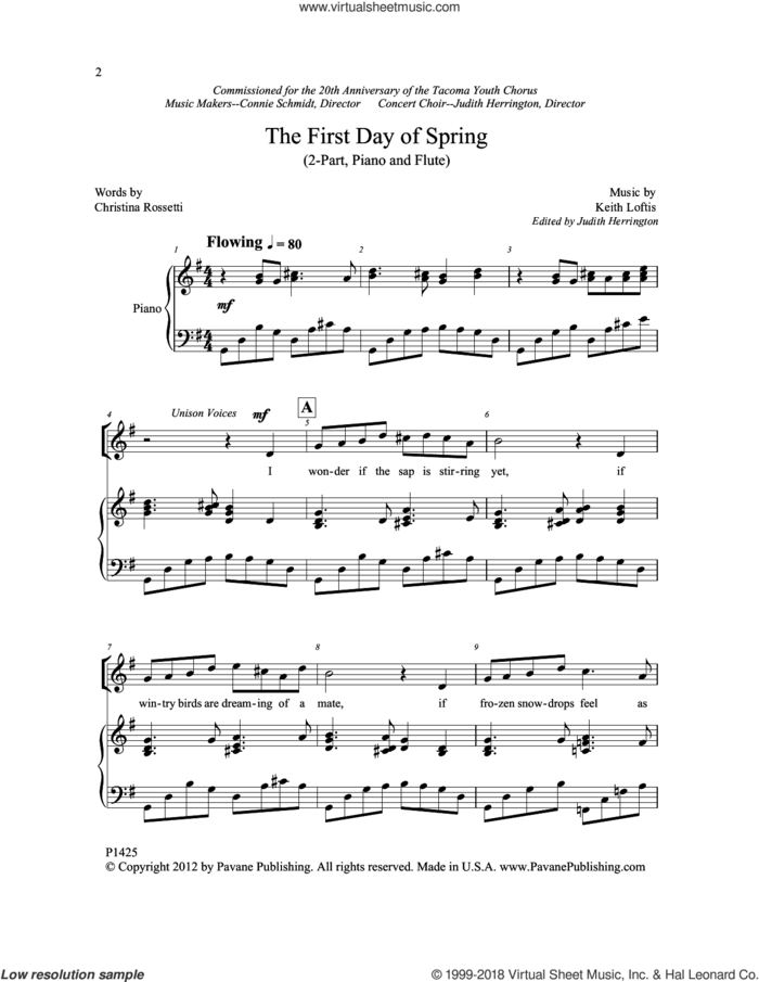 The First Day of Spring sheet music for choir (2-Part) by Christina Rossetti and Keith Loftis, intermediate duet