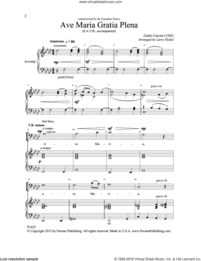 Ave Maria Gratia Plena sheet music for choir (SATB: soprano, alto, tenor, bass) by Larry Nickel and Canccini, intermediate skill level