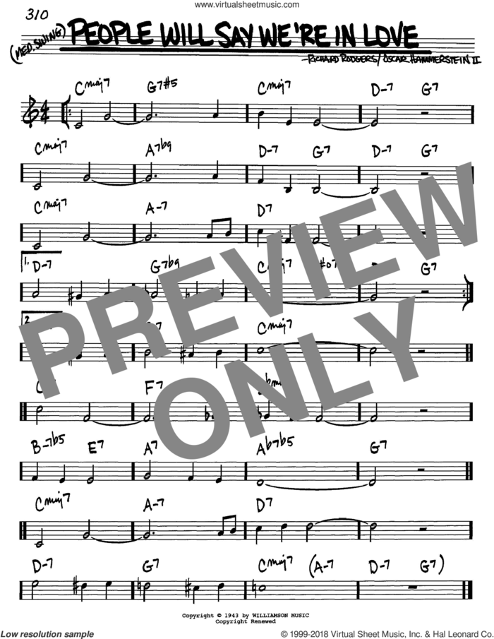 People Will Say We're In Love (from Oklahoma!) sheet music for voice and other instruments (in C) by Rodgers & Hammerstein, Oklahoma! (Musical), Oscar II Hammerstein and Richard Rodgers, intermediate skill level