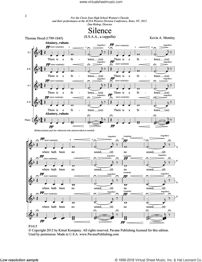 Silence sheet music for choir (SSAA: soprano, alto) by Kevin A. Memley and Thomas Hood, intermediate skill level