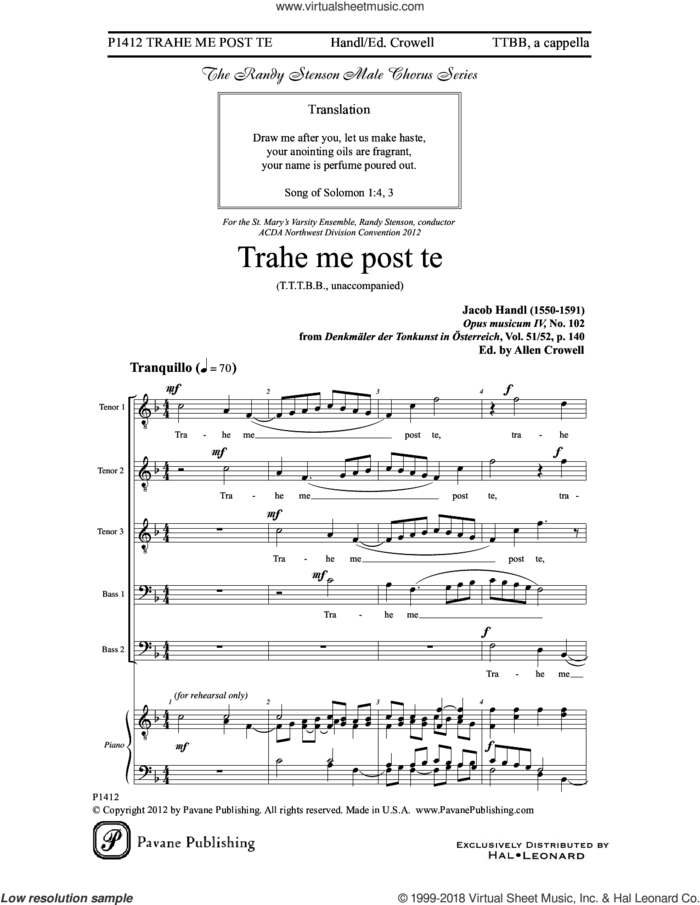 Trahe me post te sheet music for choir (TTTBB) by Jacob Handl and Allen Crowell, intermediate skill level