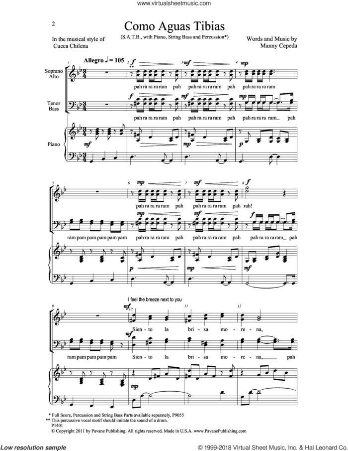 Como Aguas Tibias sheet music for choir (SATB: soprano, alto, tenor, bass) by Manny Cepeda, intermediate skill level