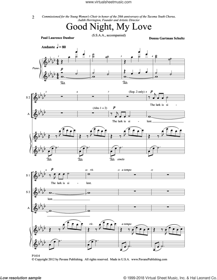 Good Night, My Love sheet music for choir (SSAA: soprano, alto) by Paul Laurence Dunbar and Donna Gartman Schultz, intermediate skill level