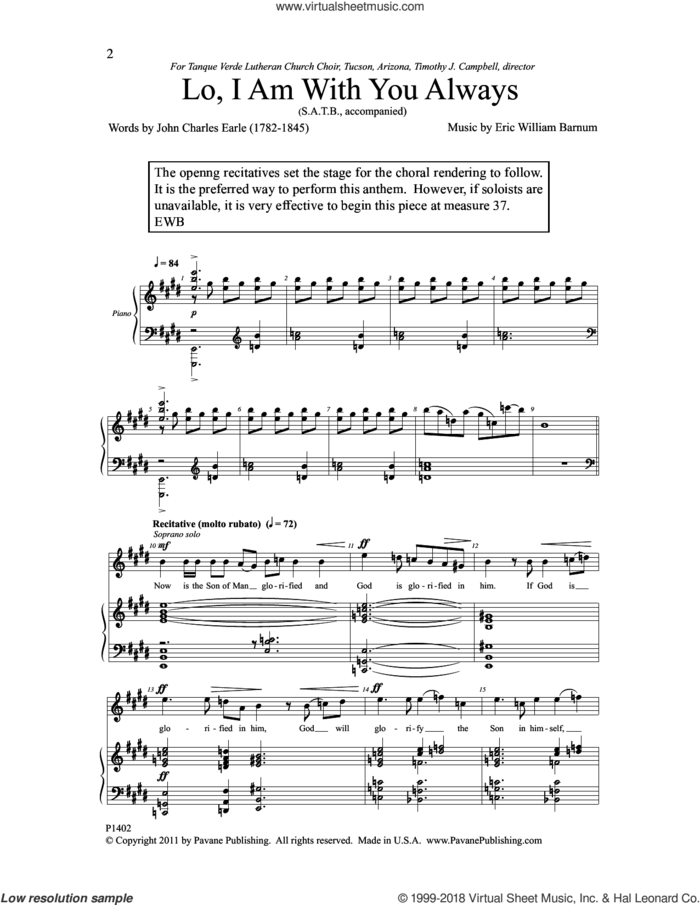 Lo, I Am With You Always sheet music for choir (SATB: soprano, alto, tenor, bass) by Eric William Brnum and John Charles Earle, intermediate skill level
