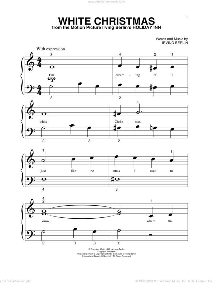 White Christmas, (beginner) sheet music for piano solo by Irving Berlin, beginner skill level