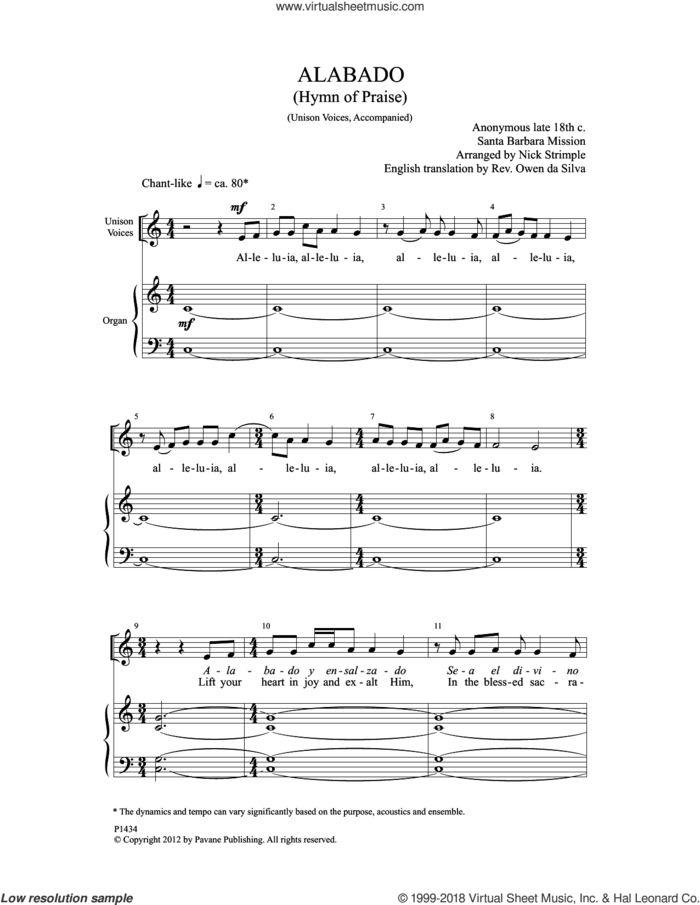 Alabado sheet music for choir (Unison) by Nick Strimple, intermediate skill level
