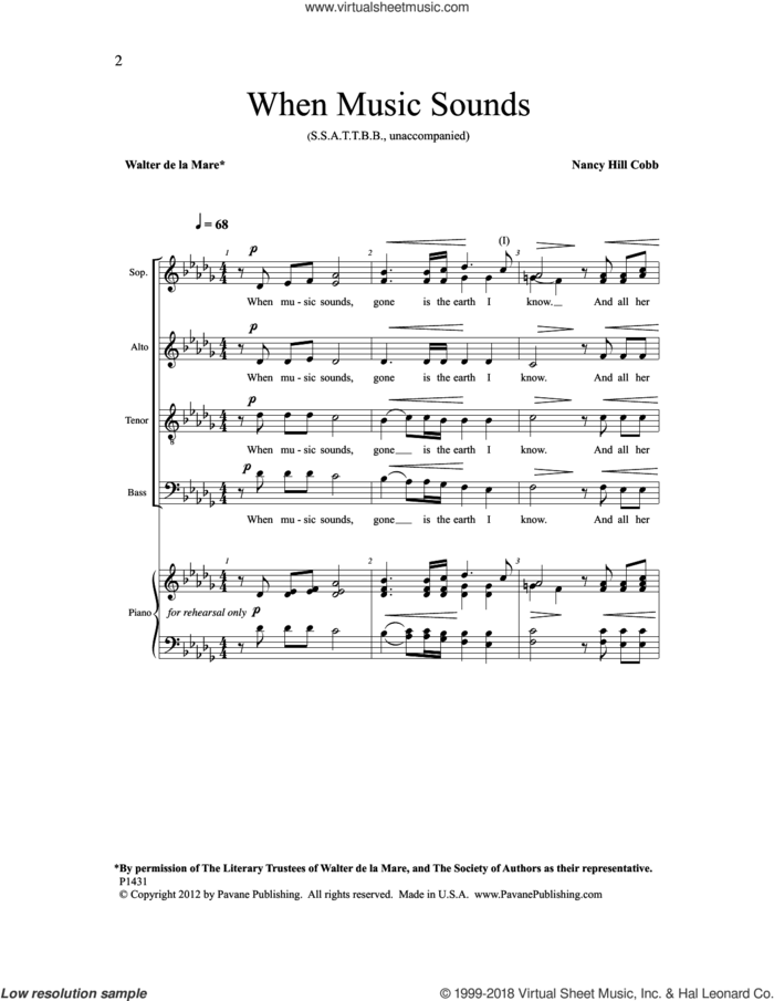 When Music Sounds sheet music for choir (SSATTBB) by Nancy Hill Cobb, intermediate skill level