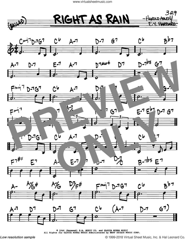 Right As Rain sheet music for voice and other instruments (in C) by Harold Arlen and E.Y. Harburg, intermediate skill level