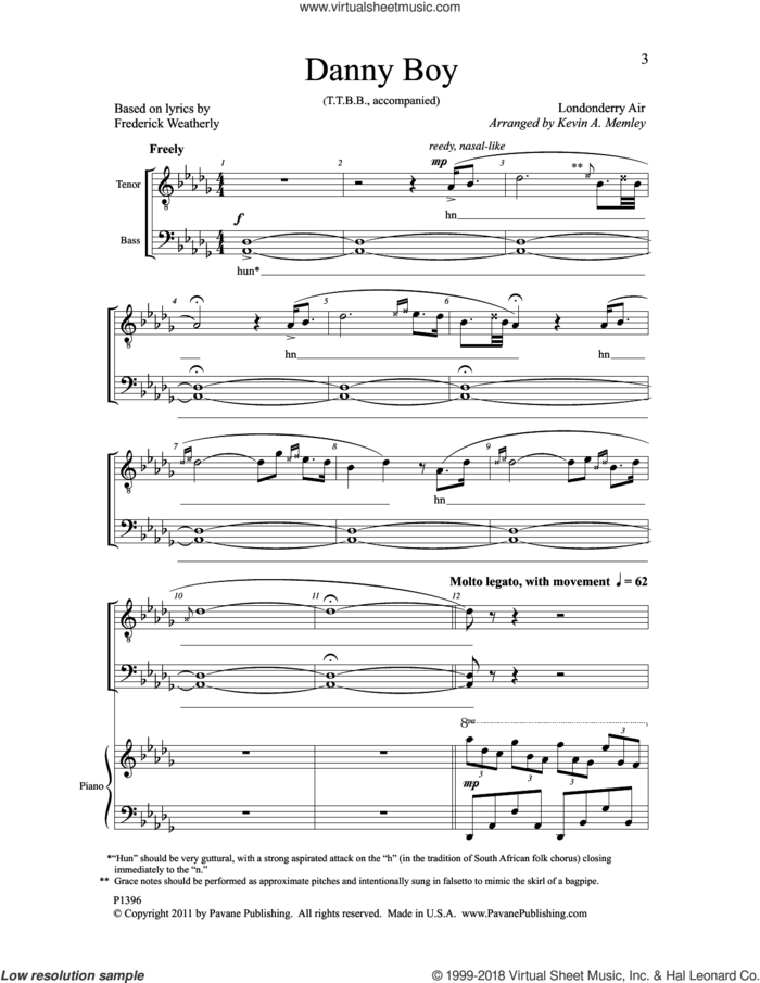 Danny Boy (arr. Kevin A. Memley) sheet music for choir (TTBB: tenor, bass) by Frederick Weatherly and Kevin A. Memley, intermediate skill level