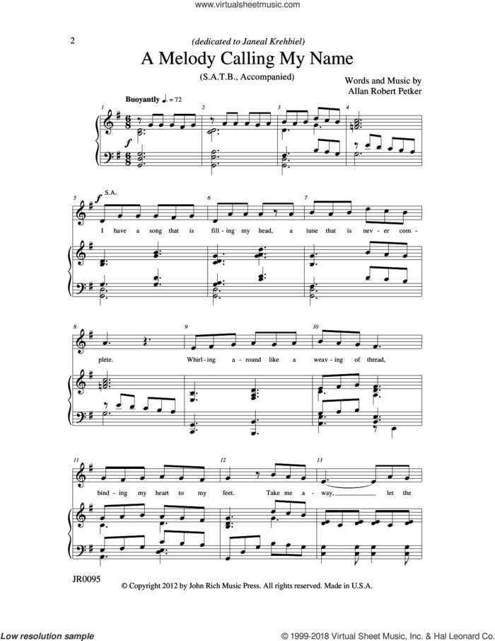 A Melody Calling My Name sheet music for choir (SATB: soprano, alto, tenor, bass) by Allan Robert Petker, intermediate skill level