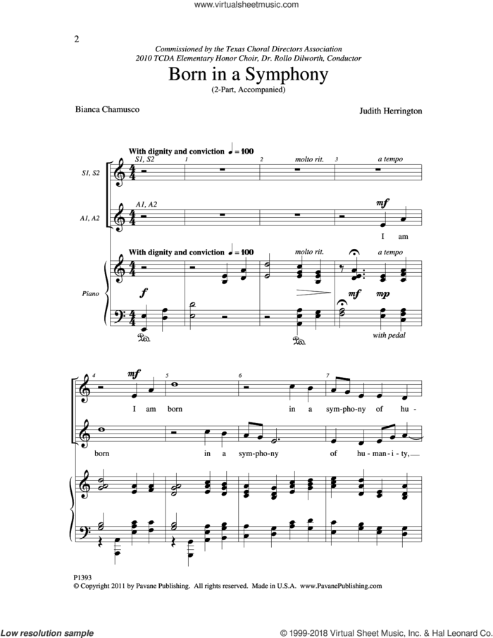 Born in a Symphony sheet music for choir (2-Part) by Judith Herrington and Bianca Chamusco, intermediate duet