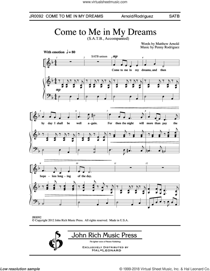 Come to Me in My Dreams sheet music for choir (SATB: soprano, alto, tenor, bass) by Penny Rodriguez and Matthew Arnold, intermediate skill level
