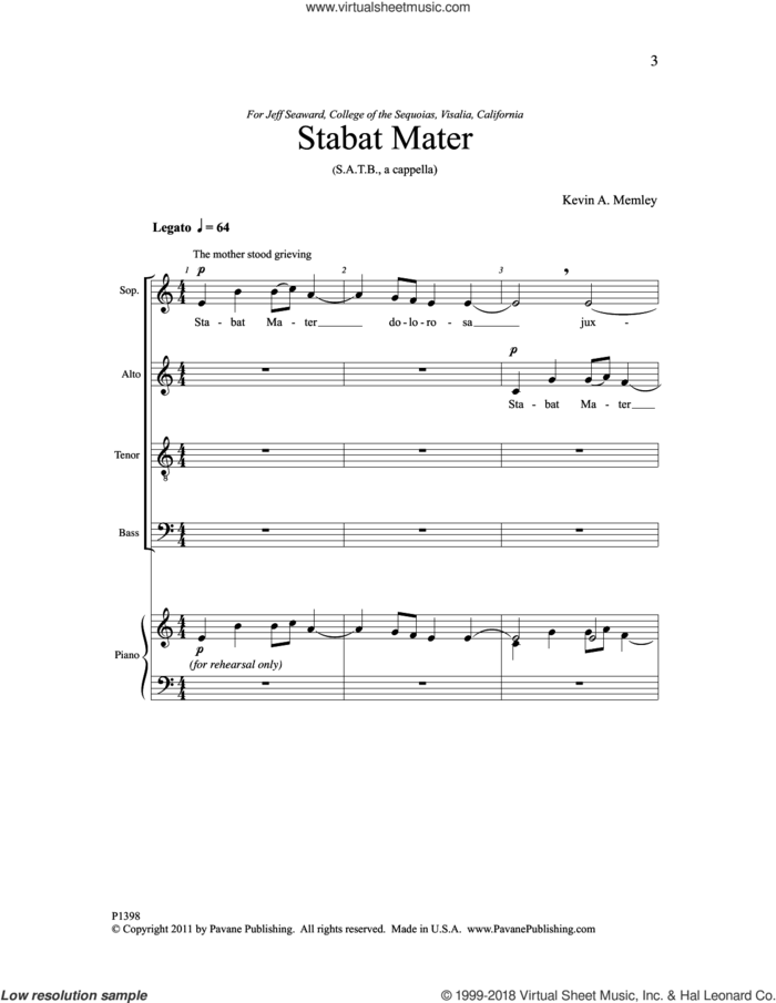 Stabat Mater sheet music for choir (SATB: soprano, alto, tenor, bass) by Kevin A. Memley, intermediate skill level