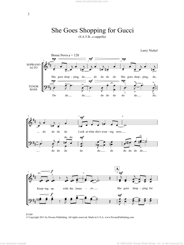 She Goes Shopping for Gucci sheet music for choir (SATB: soprano, alto, tenor, bass) by Larry Nickel, intermediate skill level