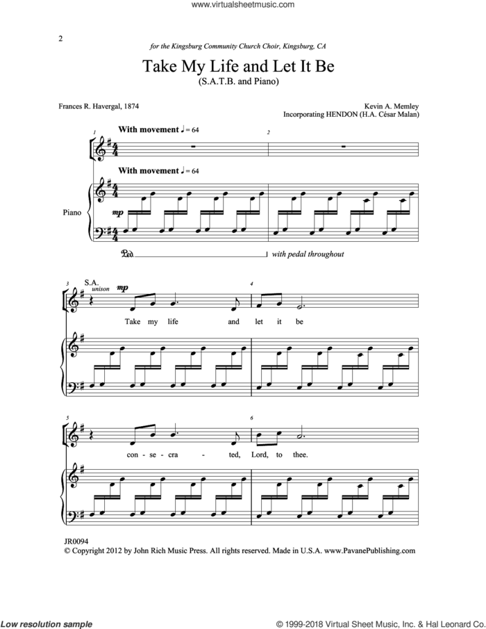 Take My Life and Let It Be sheet music for choir (SATB: soprano, alto, tenor, bass) by Kevin A. Memley, intermediate skill level