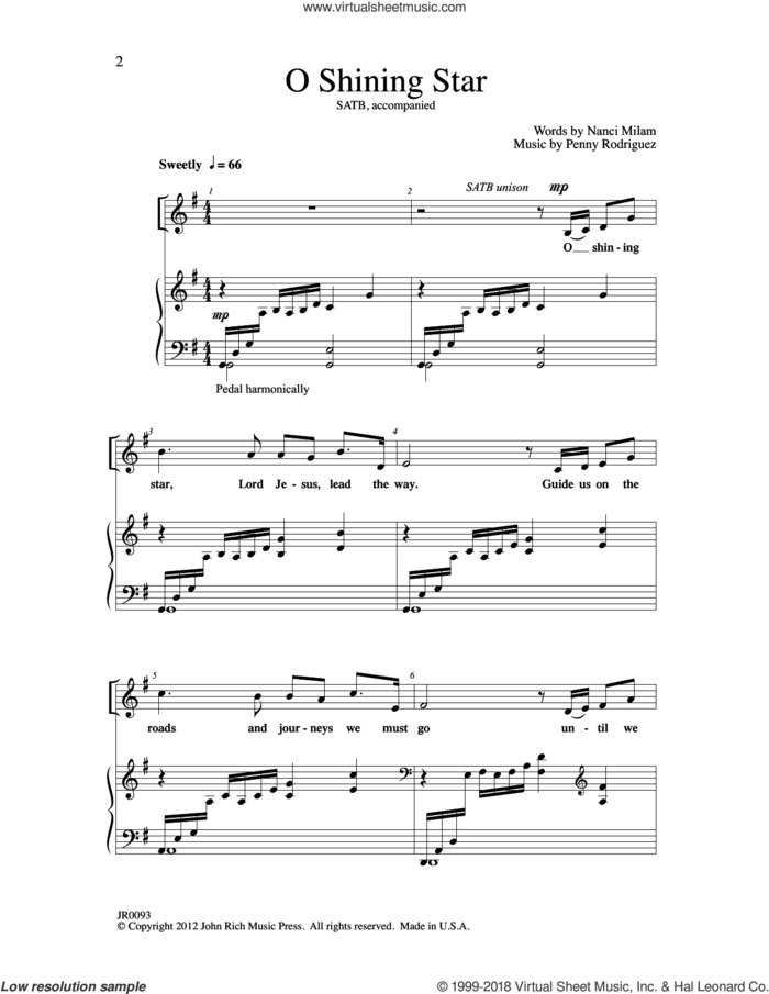 O Shining Star sheet music for choir (SATB: soprano, alto, tenor, bass) by Penny Rodriguez and Nanci Milam, intermediate skill level