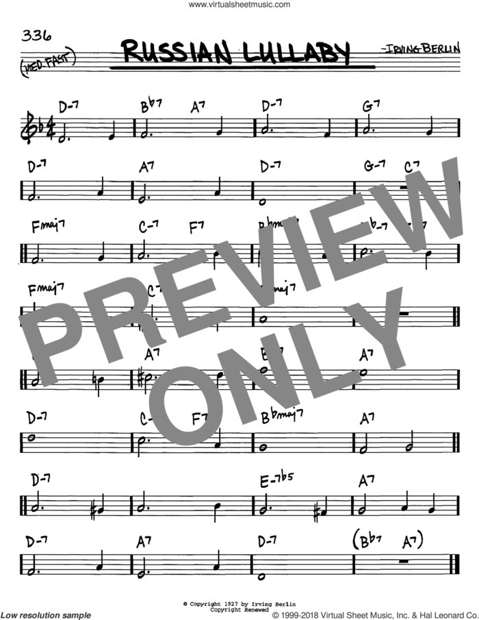 Russian Lullaby sheet music for voice and other instruments (in C) by Irving Berlin, intermediate skill level
