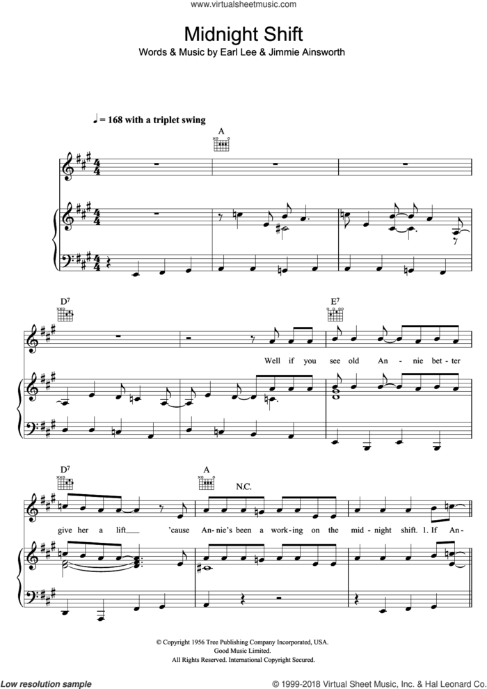 Midnight Shift sheet music for voice, piano or guitar by Buddy Holly, Earl Lee and Jimmie Ainsworth, intermediate skill level