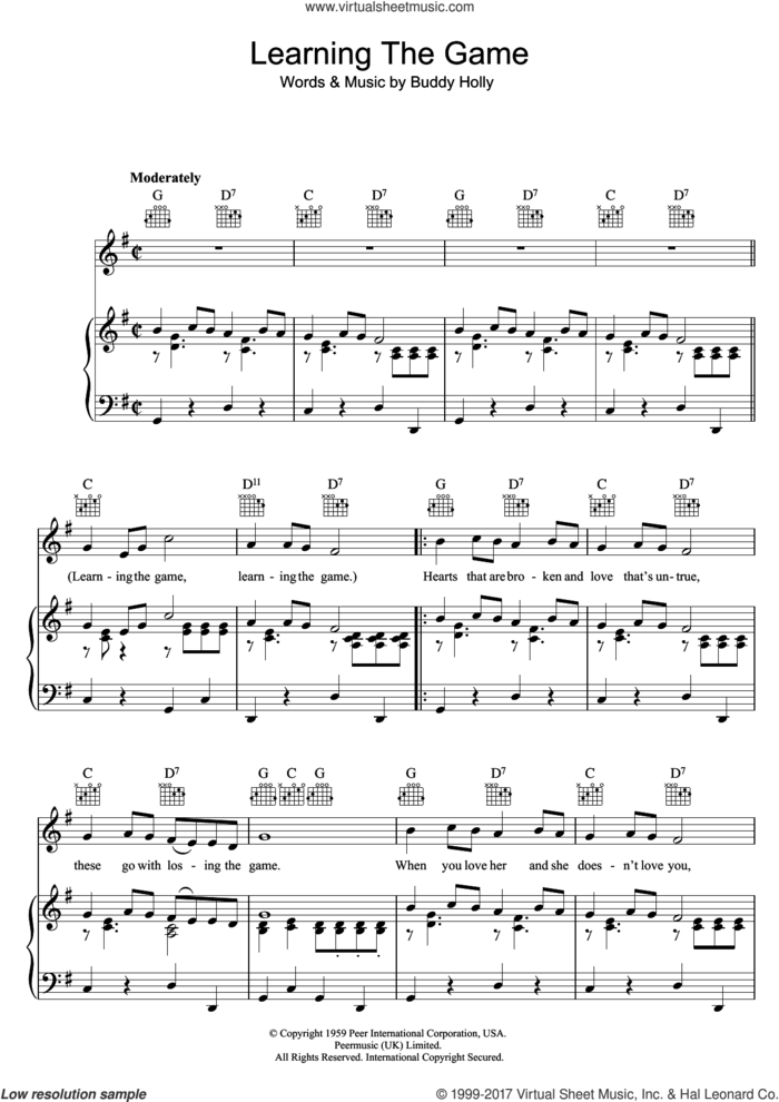 Learning The Game sheet music for voice, piano or guitar by Buddy Holly, intermediate skill level