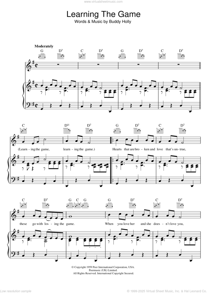 Learning The Game sheet music for voice, piano or guitar by Buddy Holly, intermediate skill level